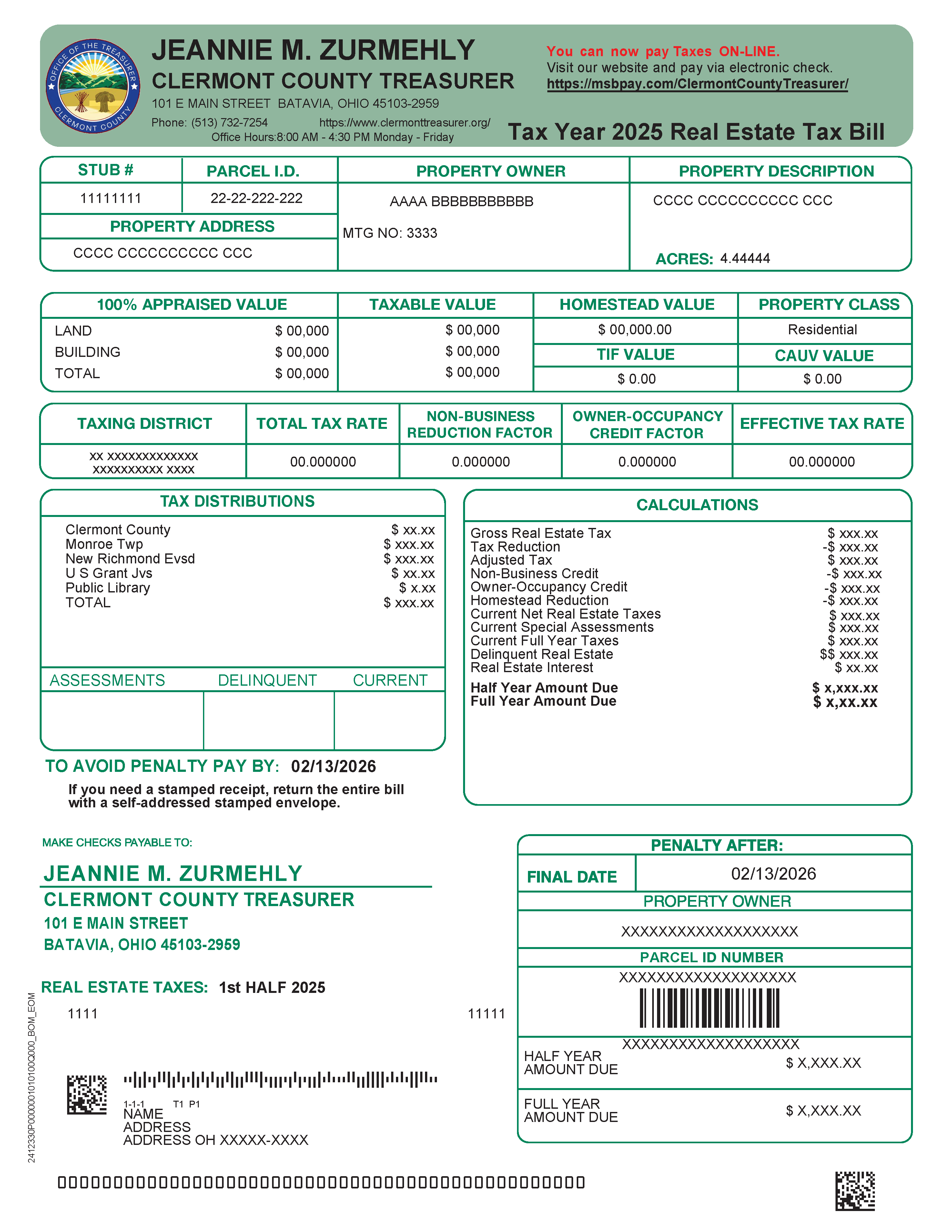 Sample of new Clermont County Tax Bill