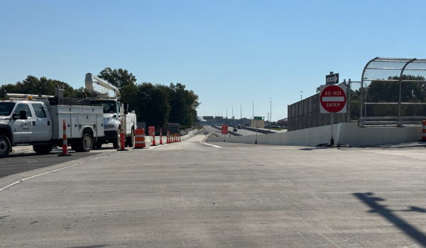 Images show the westbound ramp to Glen Este-Withamsville Road prior to opening Sept. 21, 2026, and the installation of security railing along the overpass in early October 2026.