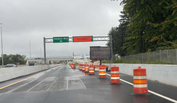 Images show the westbound ramp to Glen Este-Withamsville Road prior to opening Sept. 21, 2026, and the installation of security railing along the overpass in early October 2026.
